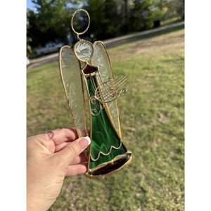 Green Stained Glass Gold Harp Angel 8” Tall Figurine